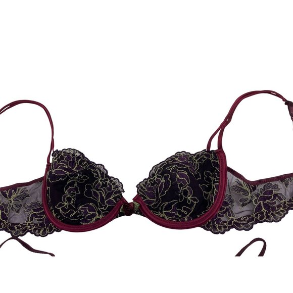 Sheer Purple Embroidered Lingerie Set W/ Underwire Bra & Matching Thong Size 34B - Picture 2 of 8